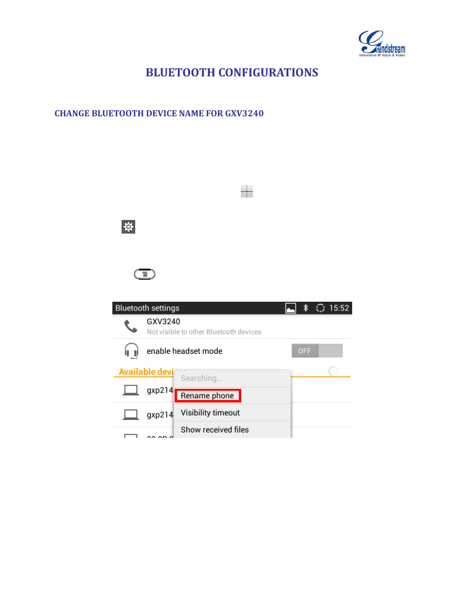 Bluetooth configurations, Change bluetooth device name for gxv3240, Figure 7: rename option | Grandstream GXV3240 Bluetooth Guide User Manual | Page 9 / 15
