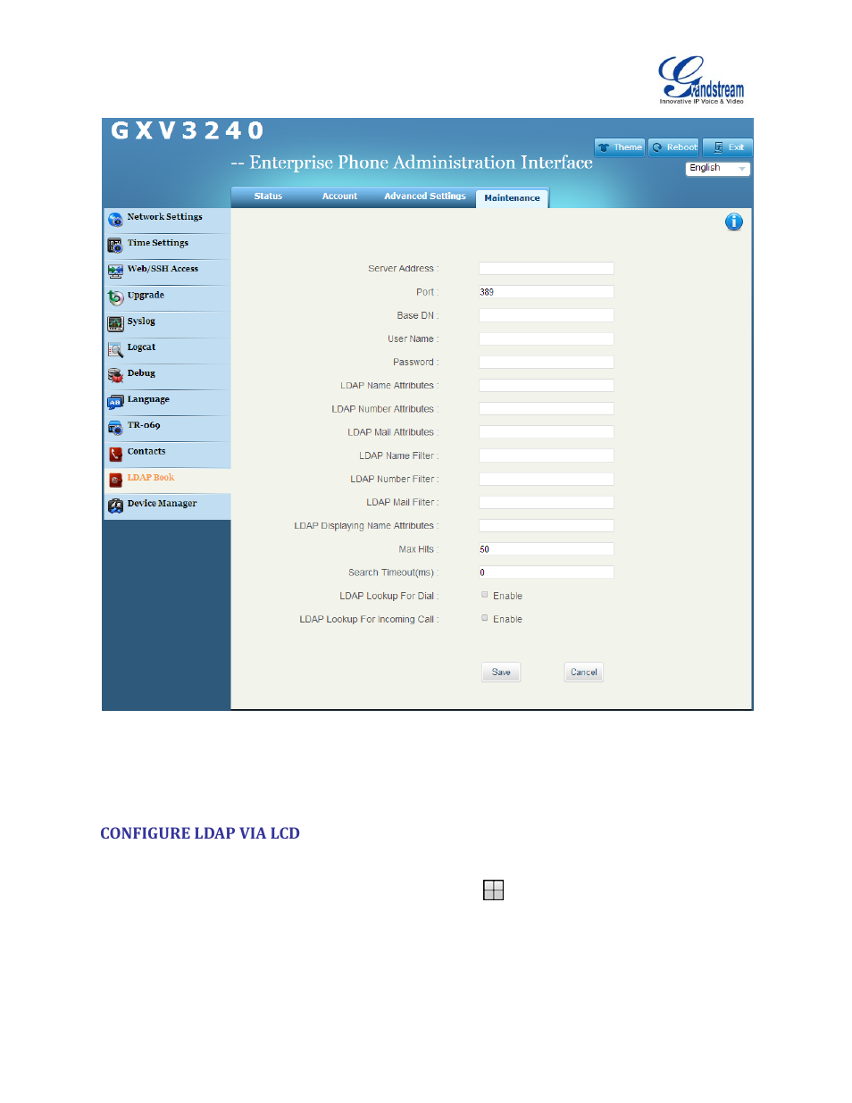 Configure ldap via lcd, Figure 1: gxv3240 web ui ldap settings | Grandstream GXV3240 LDAP Book Guide User Manual | Page 9 / 22