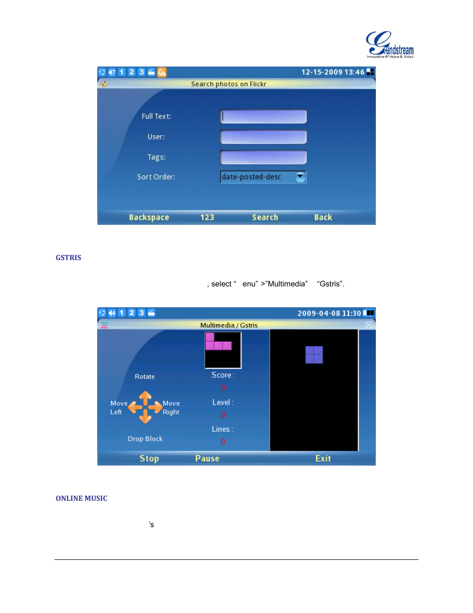 Gstris, Online music | Grandstream GXV3140 User Manual User Manual | Page 102 / 151