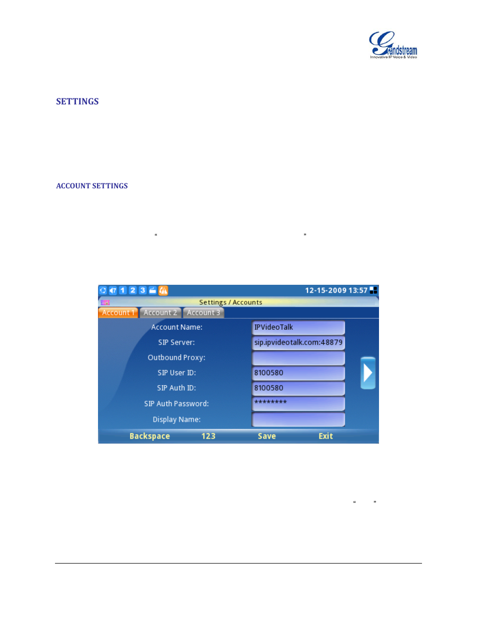 Settings, Account settings | Grandstream GXV3140 User Manual User Manual | Page 122 / 151