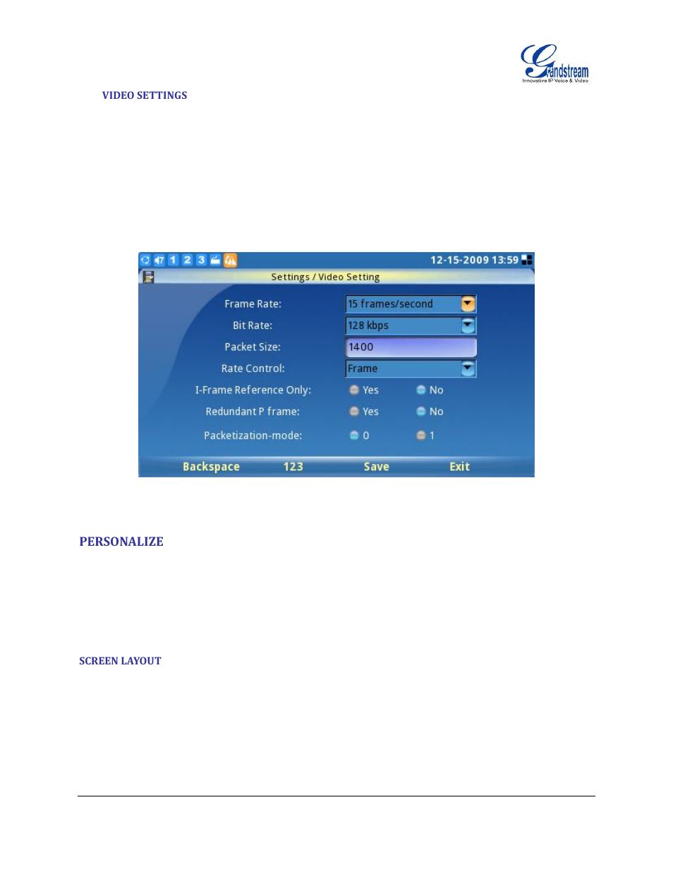 Video settings, Personalize, Screen layout | Grandstream GXV3140 User Manual User Manual | Page 133 / 151