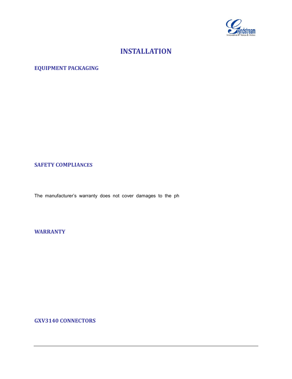 Installation, Equipment packaging, Safety compliances | Warranty, Gxv3140 connectors | Grandstream GXV3140 User Manual User Manual | Page 14 / 151