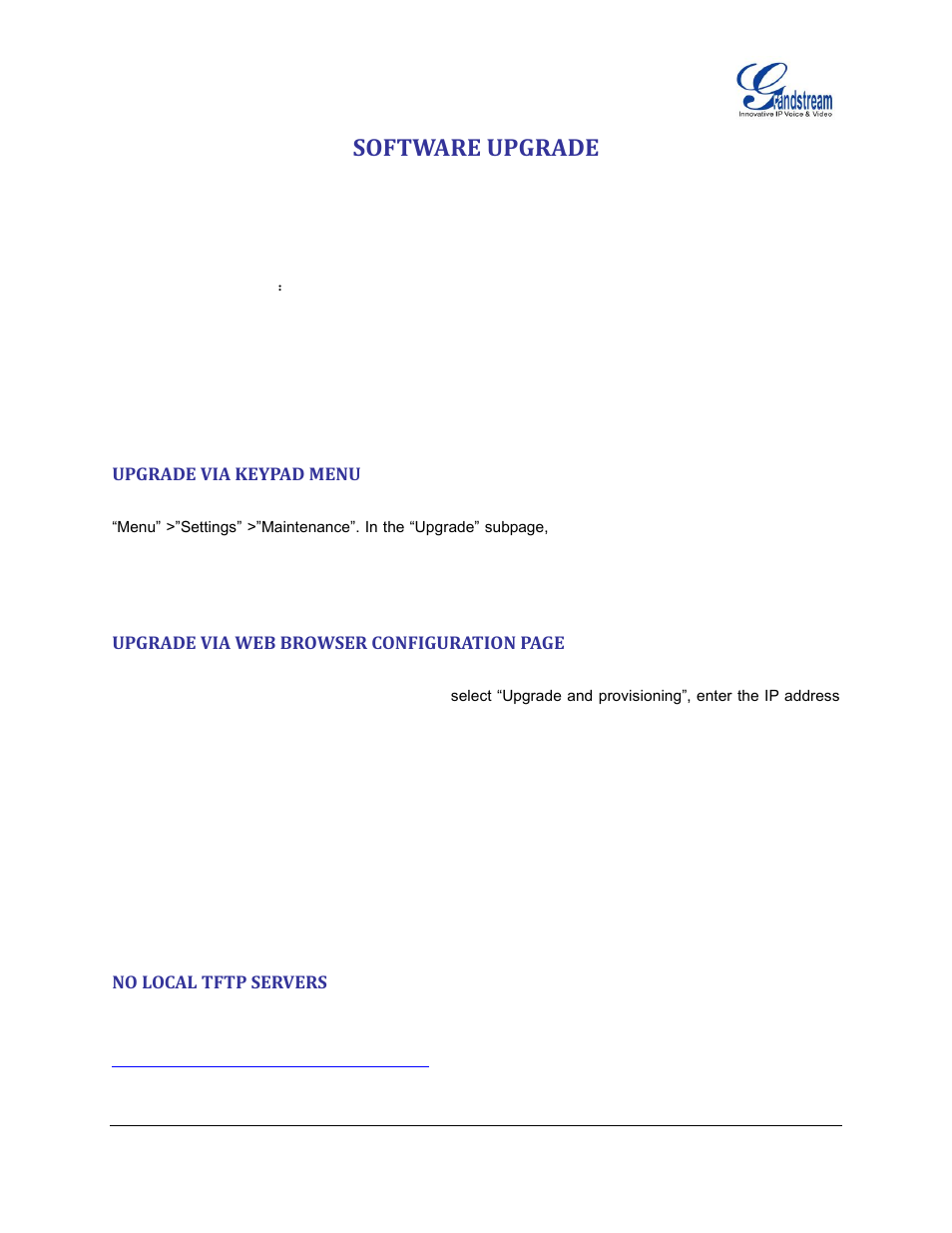 Software upgrade, Upgrade via keypad menu, No local tftp servers | Grandstream GXV3140 User Manual User Manual | Page 146 / 151