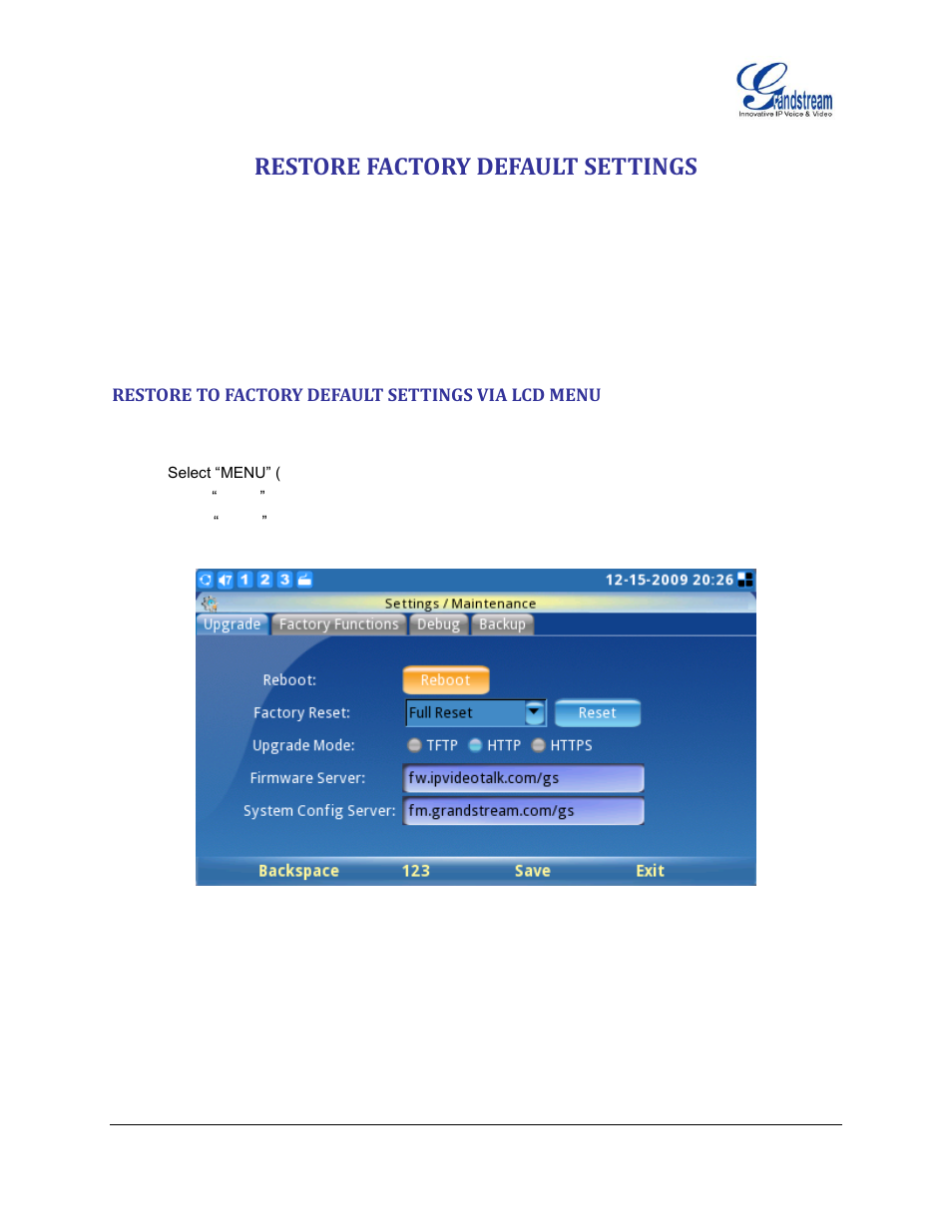 Restore factory default settings, Restore to factory default settings via lcd menu | Grandstream GXV3140 User Manual User Manual | Page 148 / 151