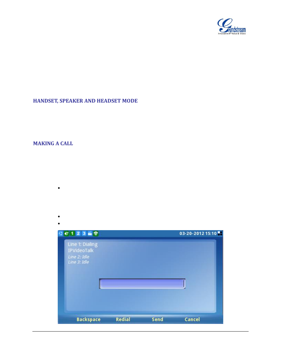 Handset, speaker and headset mode, Making a call | Grandstream GXV3140 User Manual User Manual | Page 26 / 151