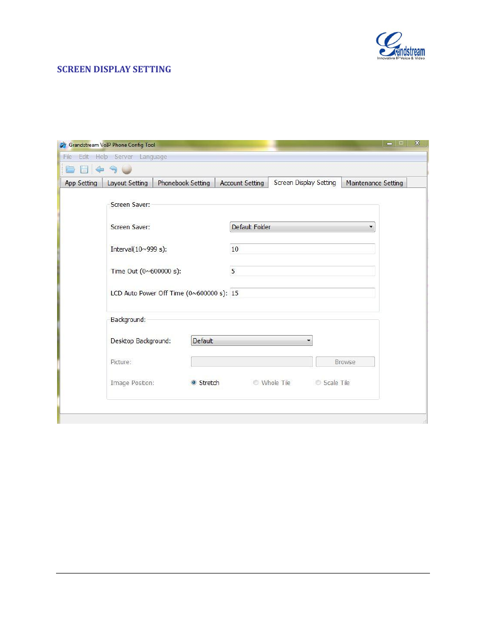 Screen display setting, Figure 7: screen display setting interface | Grandstream GXV3140 GUI Customization Guide User Manual | Page 10 / 11