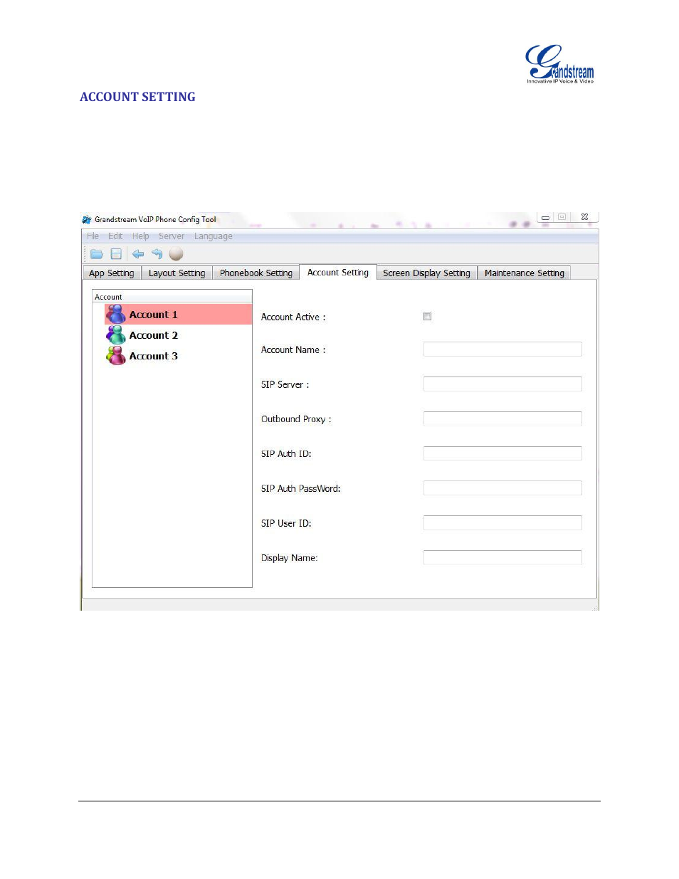 Account setting, Figure 6: account setting interface | Grandstream GXV3140 GUI Customization Guide User Manual | Page 9 / 11