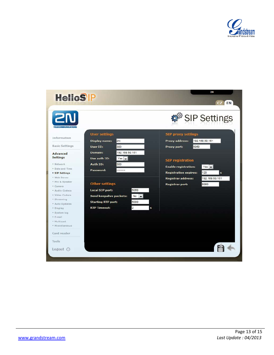 Grandstream 2N Helios with Grandstream Configuration Guide User Manual | Page 13 / 15