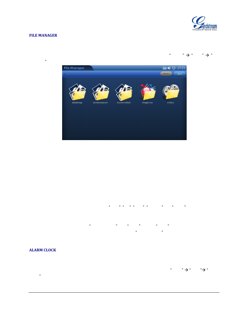 File manager, Alarm clock | Grandstream GXV3175 User Manual User Manual | Page 101 / 139