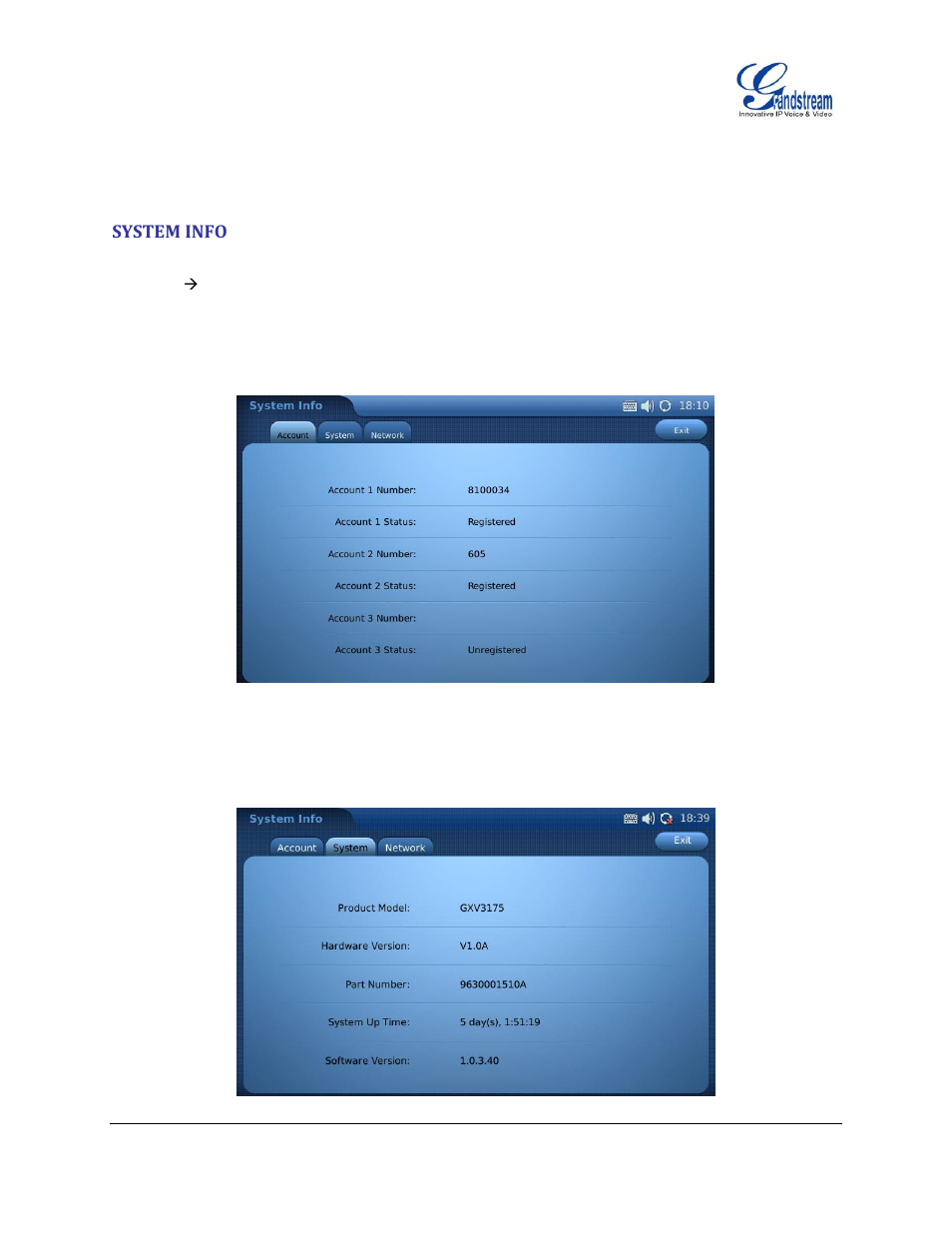 System info | Grandstream GXV3175 User Manual User Manual | Page 124 / 139
