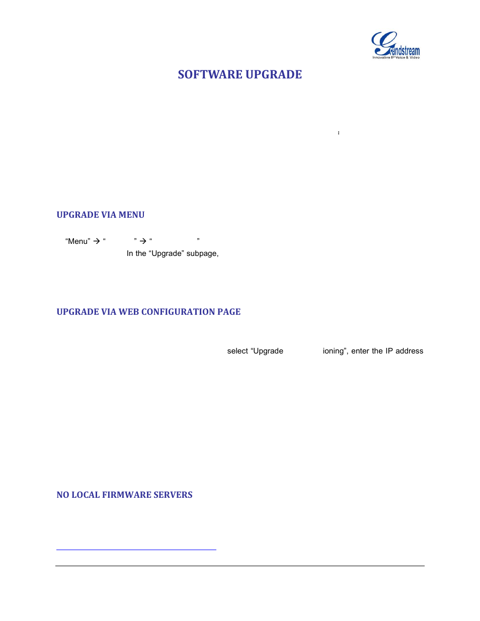 Software upgrade, Upgrade via menu, No local firmware servers | Grandstream GXV3175 User Manual User Manual | Page 136 / 139