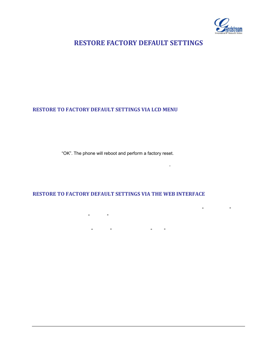 Restore factory default settings, Restore to factory default settings via lcd menu | Grandstream GXV3175 User Manual User Manual | Page 138 / 139