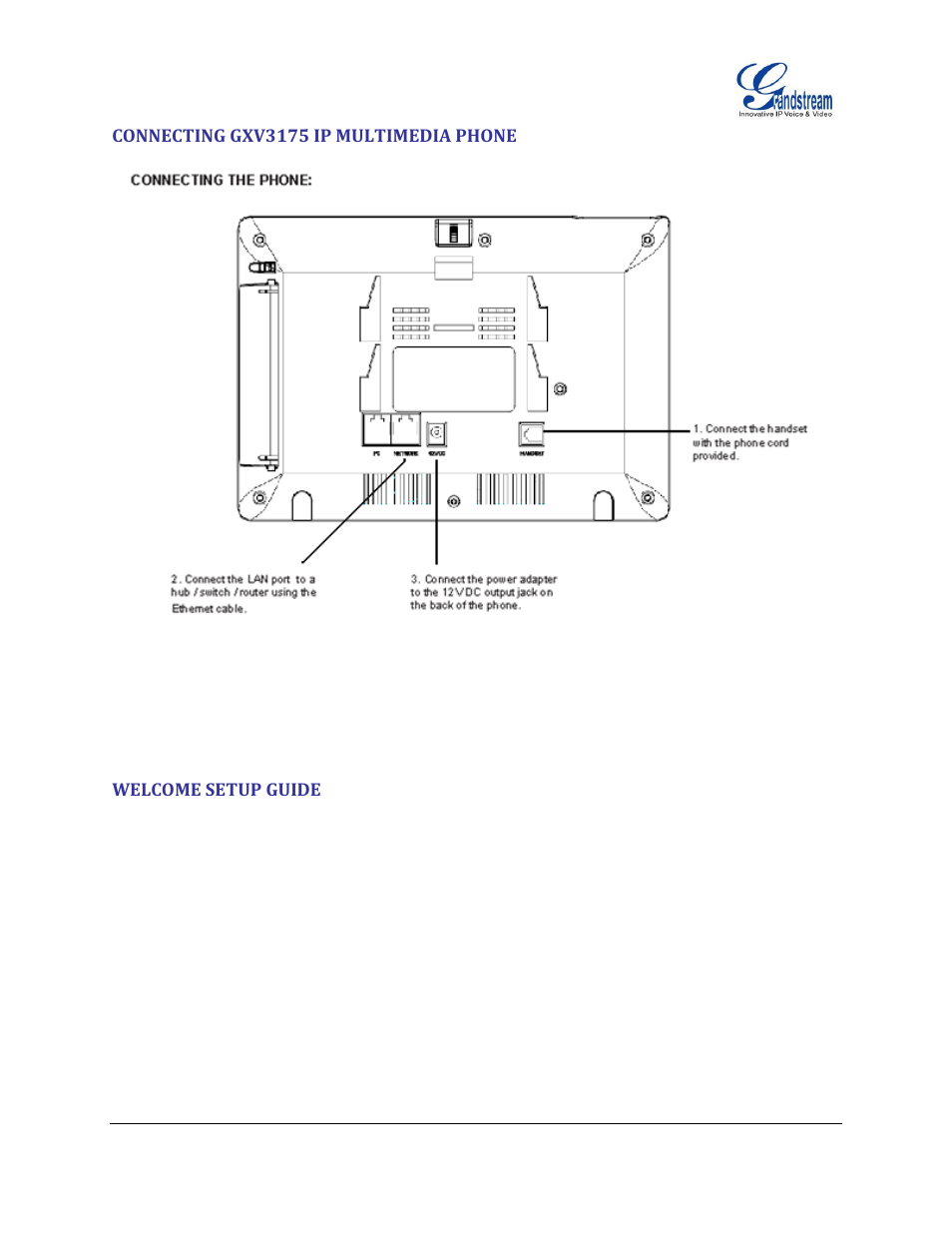 Connecting gxv3175 ip multimedia phone, Welcome setup guide | Grandstream GXV3175 User Manual User Manual | Page 18 / 139