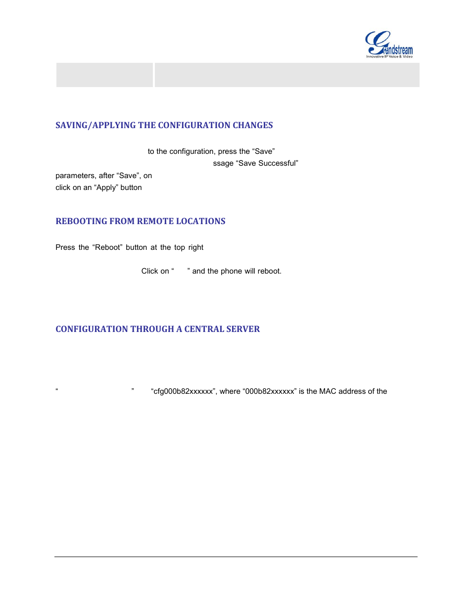 Saving/applying the configuration changes, Rebooting from remote locations, Configuration through a central server | Grandstream GXV3175 User Manual User Manual | Page 64 / 139