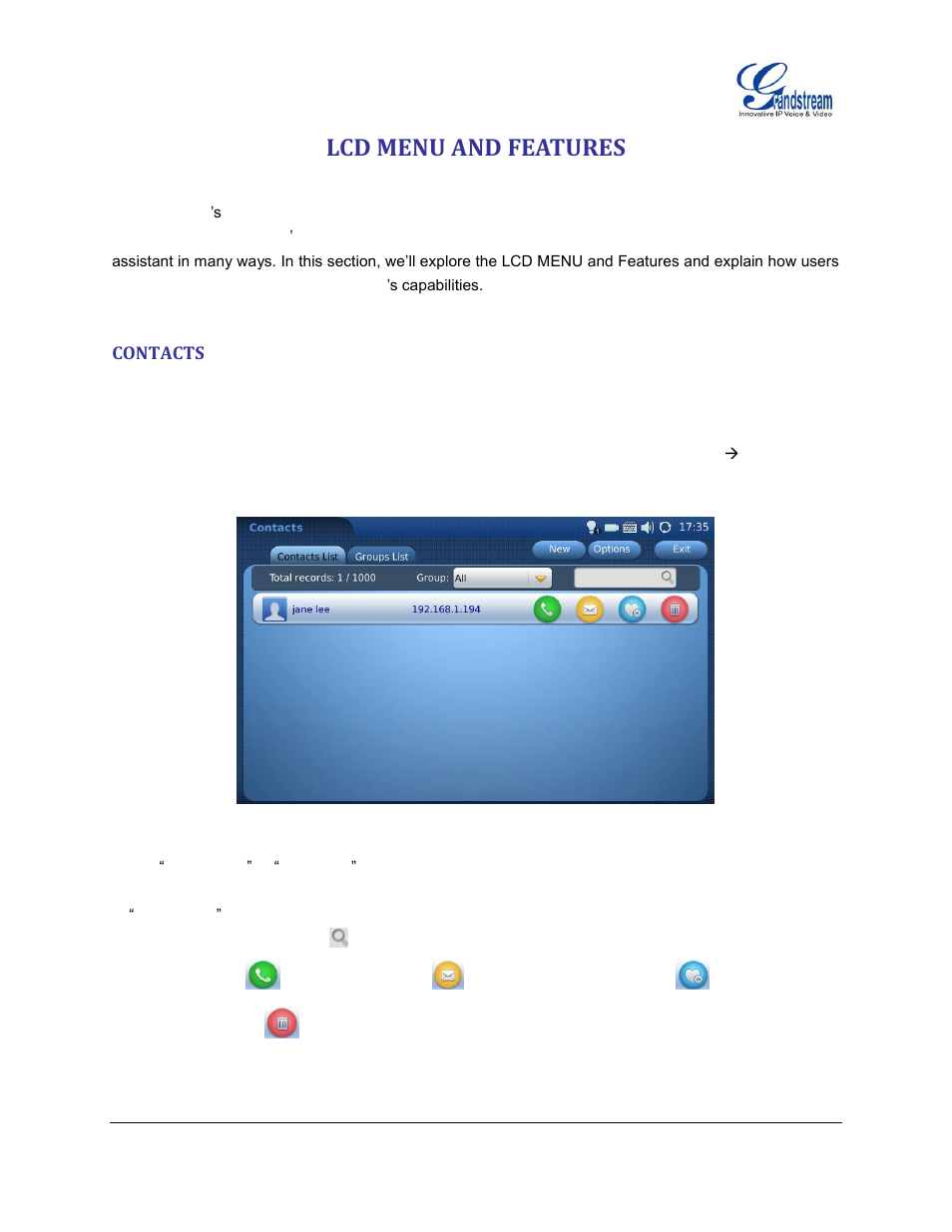 Lcd menu and features, Contacts | Grandstream GXV3175 User Manual User Manual | Page 66 / 139