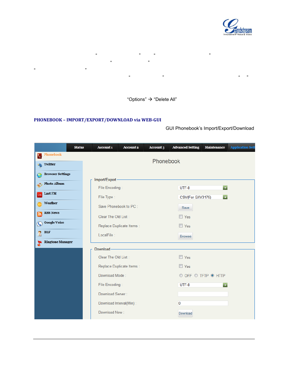 Phonebook – import/export/download via web-gui, Phonebook, Import/export/download via web-gui | Grandstream GXV3175 User Manual User Manual | Page 69 / 139