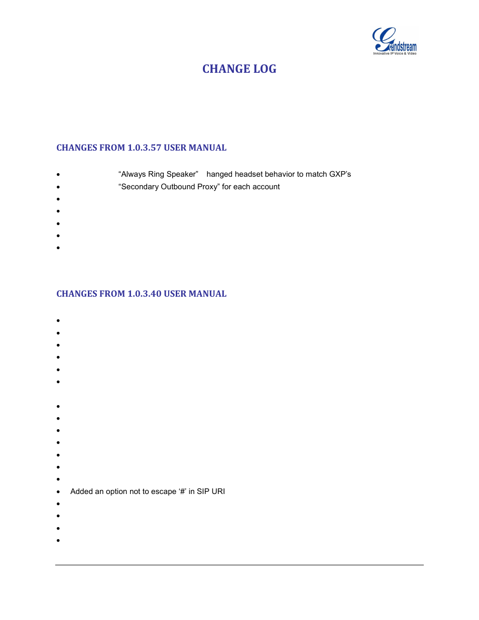 Change log, Changes from 1.0.3.57 user manual, Changes from 1.0.3.40 user manual | Grandstream GXV3175 User Manual User Manual | Page 7 / 139