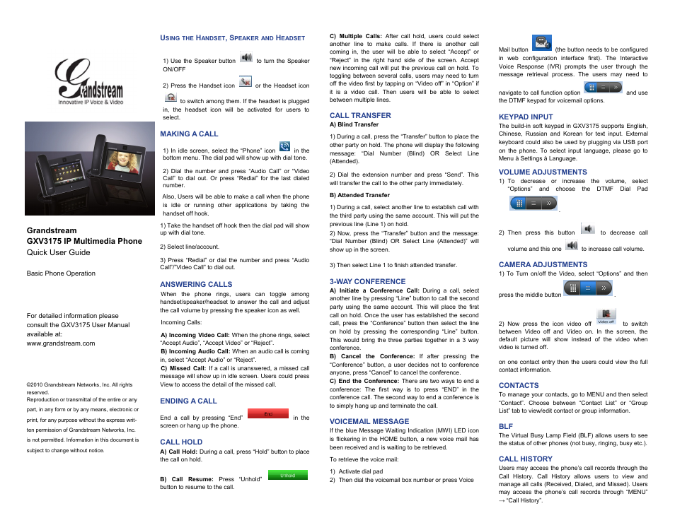 Grandstream GXV3175 Quick User Guide User Manual | 1 page