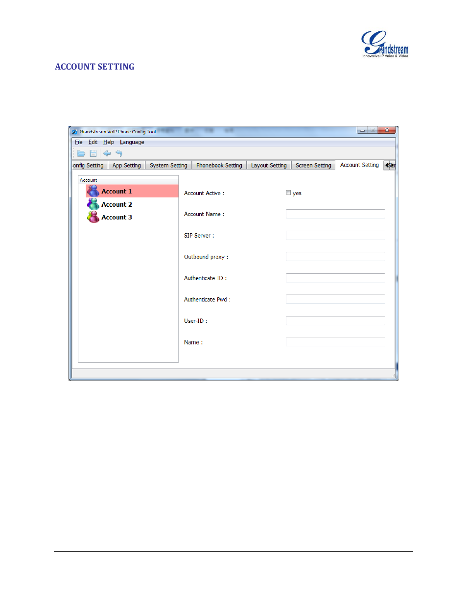 Account setting, Figure 9: account setting interface | Grandstream GXV3175 GUI Customization Guide User Manual | Page 12 / 14