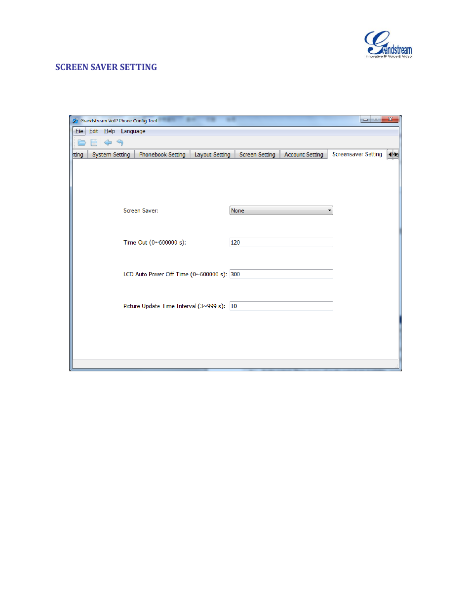 Screen saver setting, Figure 10: screen saver setting interface | Grandstream GXV3175 GUI Customization Guide User Manual | Page 13 / 14