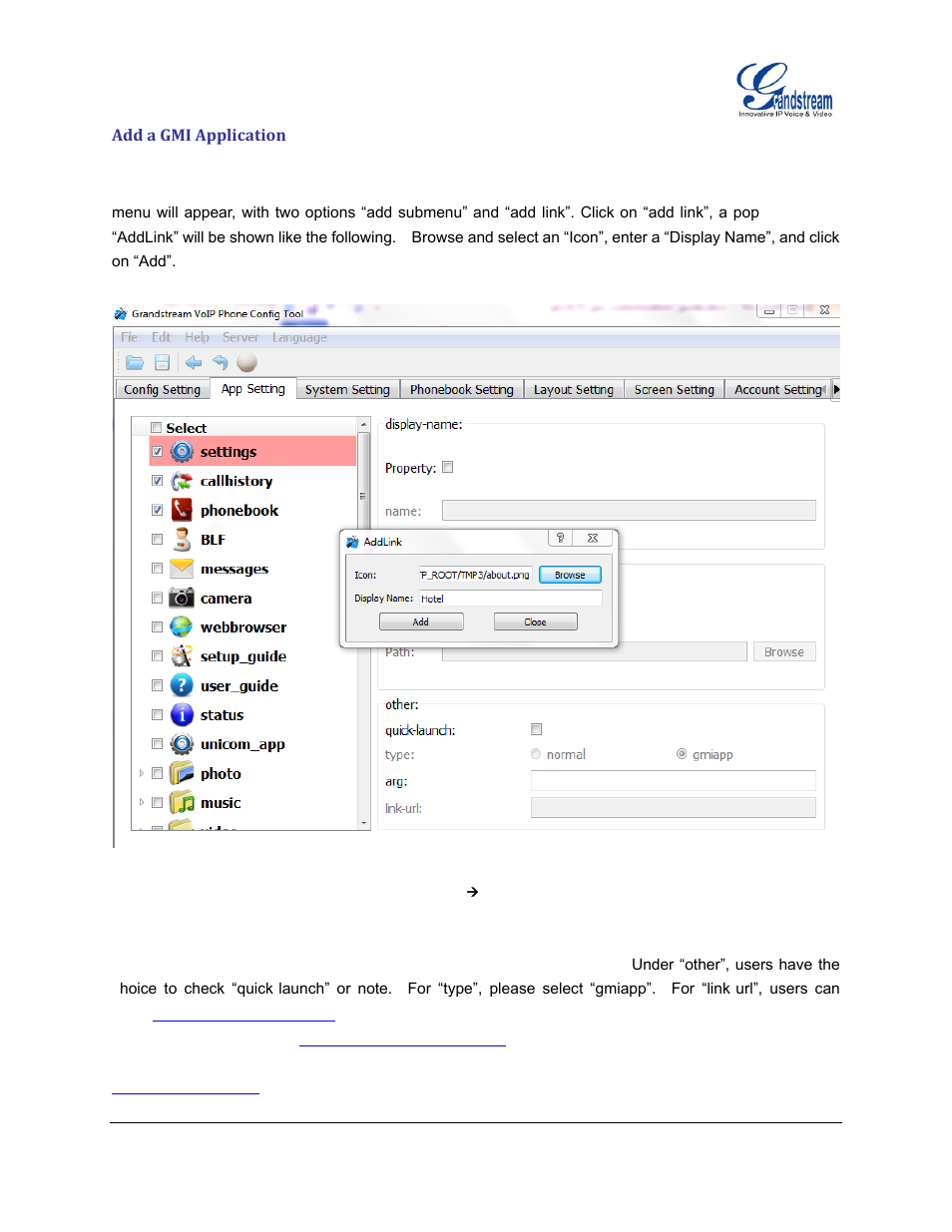 Add a gmi application, Figure 3: app setting  add a gmi application | Grandstream GXV3175 GUI Customization Guide User Manual | Page 6 / 14