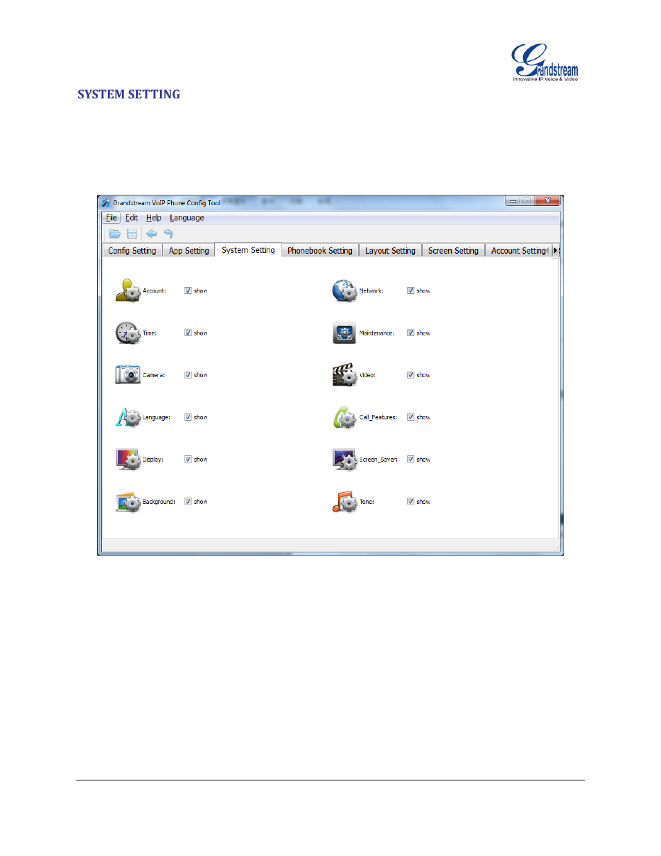 System setting, Figure 5: system setting interface | Grandstream GXV3175 GUI Customization Guide User Manual | Page 8 / 14