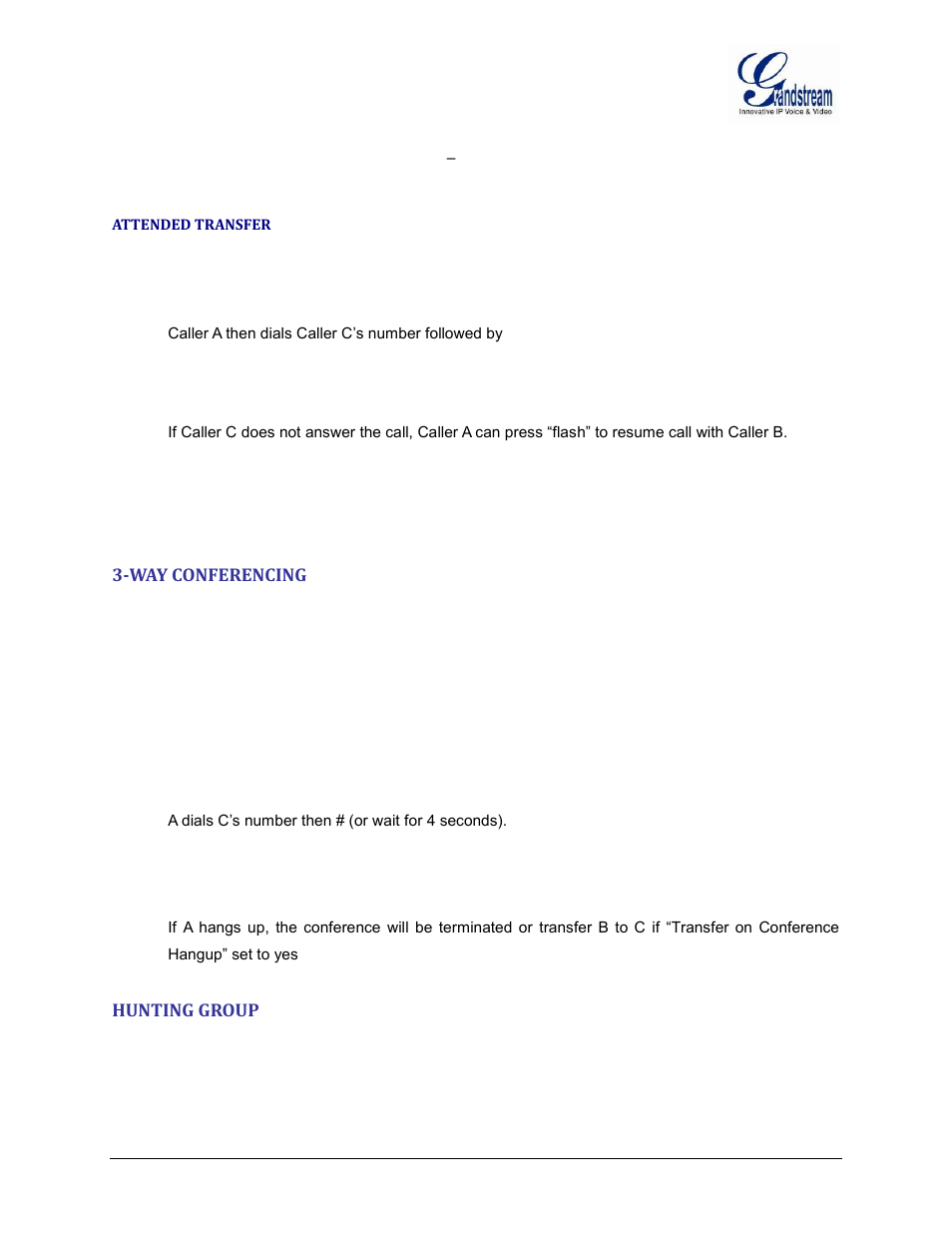 Attended transfer, Way conferencing, Hunting group | Grandstream GXW42xx User Manual User Manual | Page 27 / 64