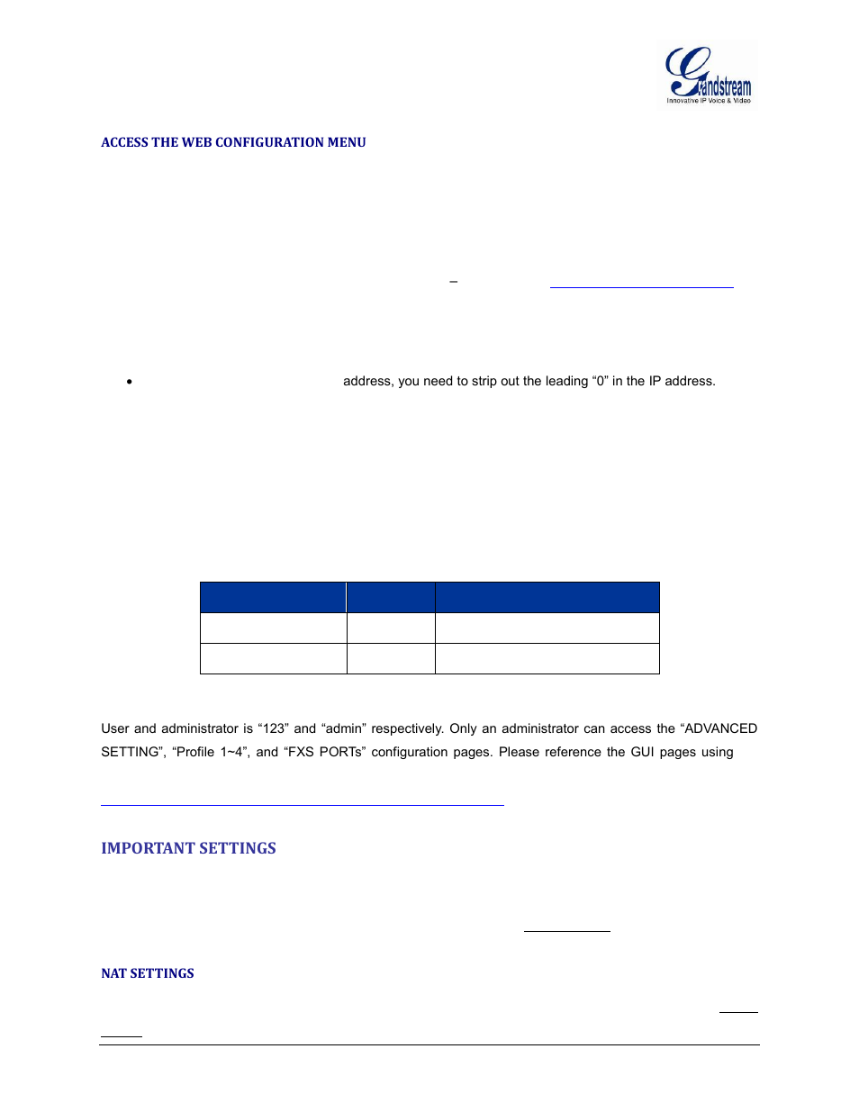 Access the web configuration menu, Important settings, Nat settings | Grandstream GXW42xx User Manual User Manual | Page 34 / 64