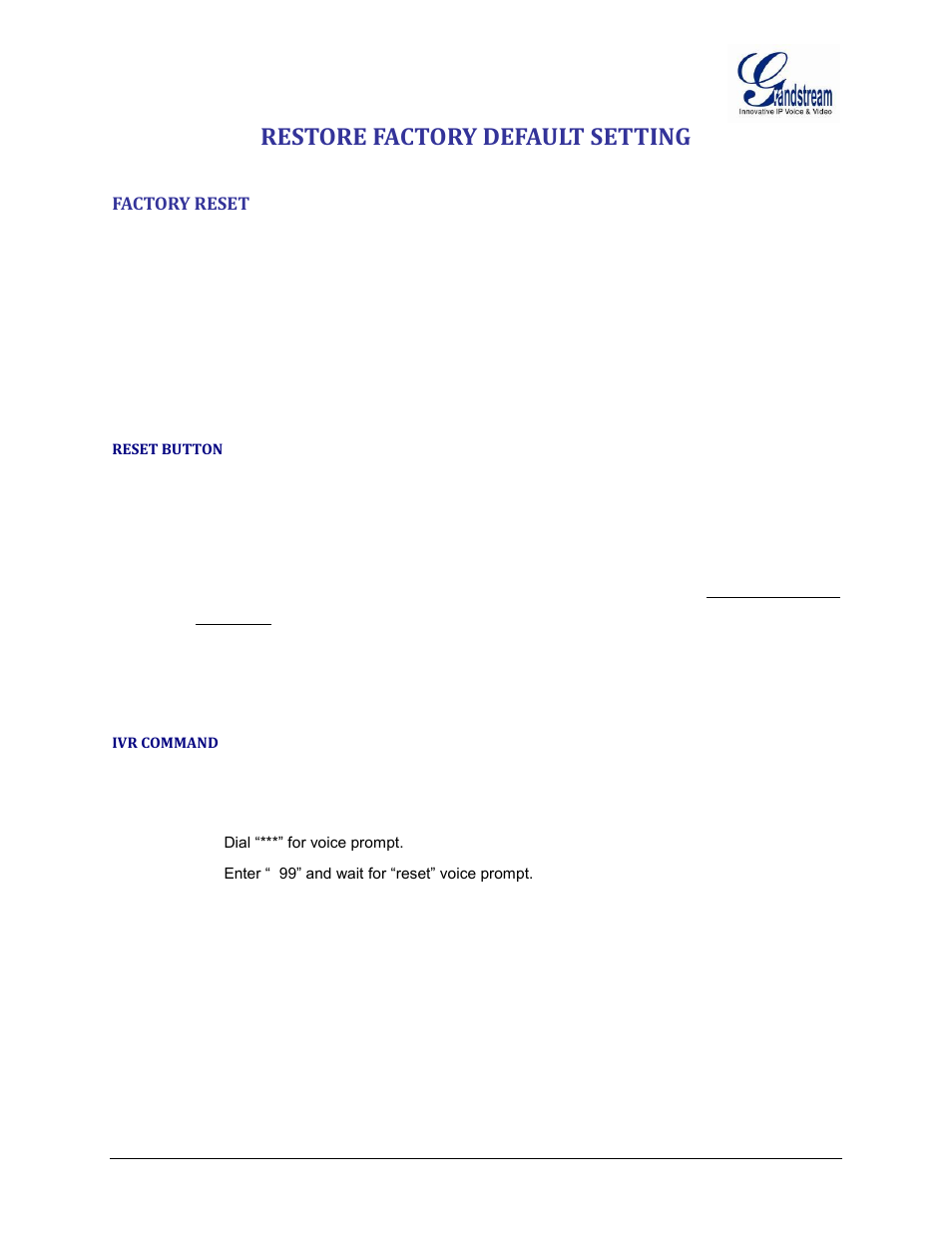 Restore factory default setting, Factory reset, Reset button | Ivr command | Grandstream GXW42xx User Manual User Manual | Page 63 / 64