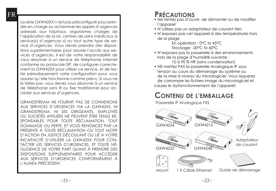 Récautions, Ontenu, L’emballage | Grandstream GXW42xx Quick Installation Guide User Manual | Page 12 / 23