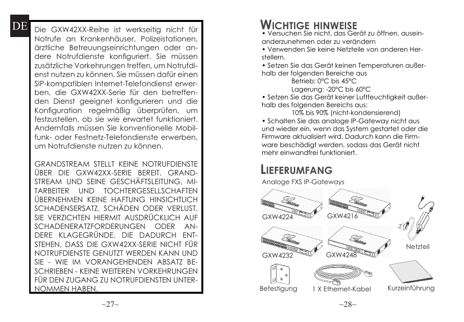 Ichtige, Hinweise, Ieferumfang | Grandstream GXW42xx Quick Installation Guide User Manual | Page 15 / 23