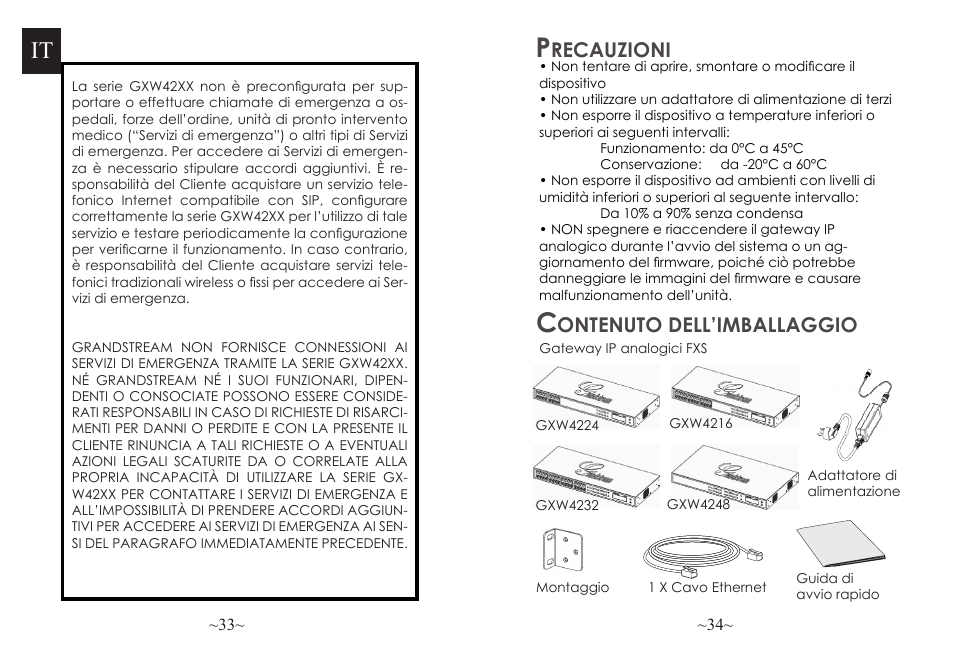 Recauzioni, Ontenuto dell’imballaggio | Grandstream GXW42xx Quick Installation Guide User Manual | Page 18 / 23