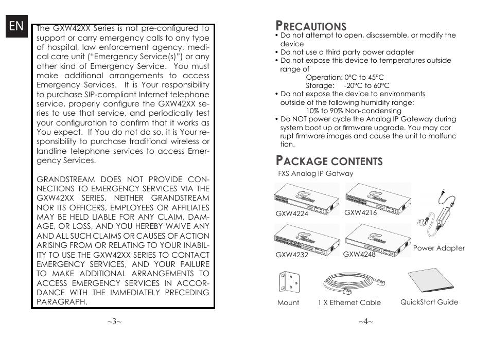 Recautions, Ackage contents | Grandstream GXW42xx Quick Installation Guide User Manual | Page 3 / 23