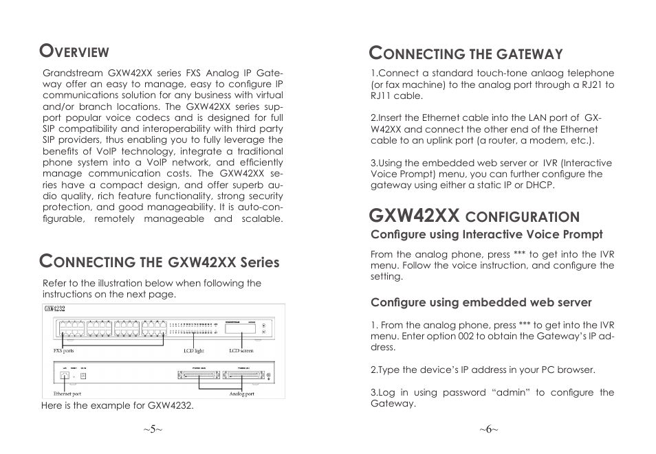 Gxw42xx, Configuration, Onnecting the gateway | Onnecting the, Gxw42xx series, Verview | Grandstream GXW42xx Quick Installation Guide User Manual | Page 4 / 23