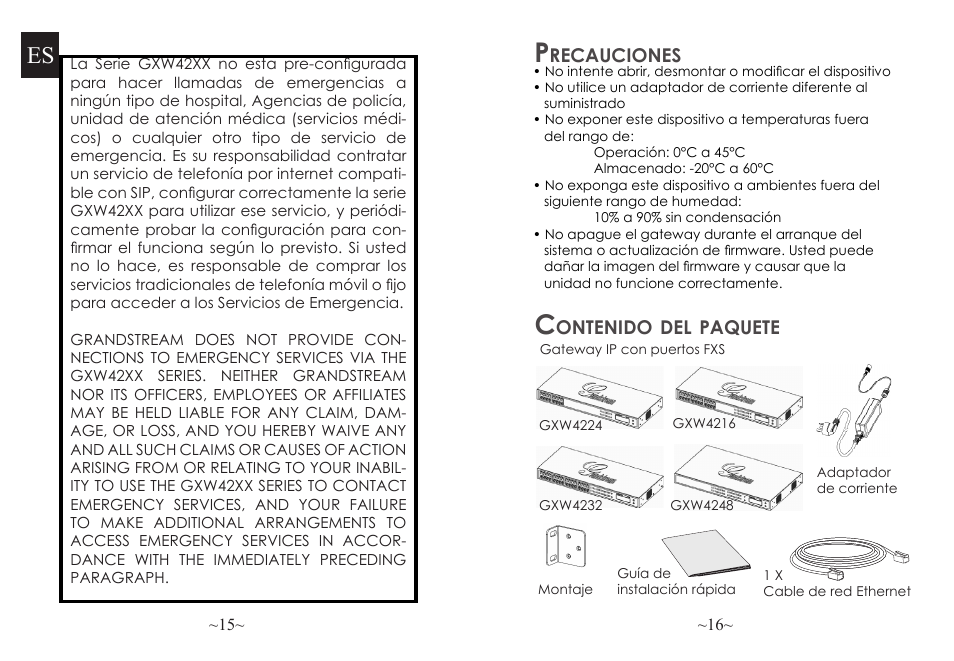 Recauciones, Ontenido, Paquete | Grandstream GXW42xx Quick Installation Guide User Manual | Page 9 / 23