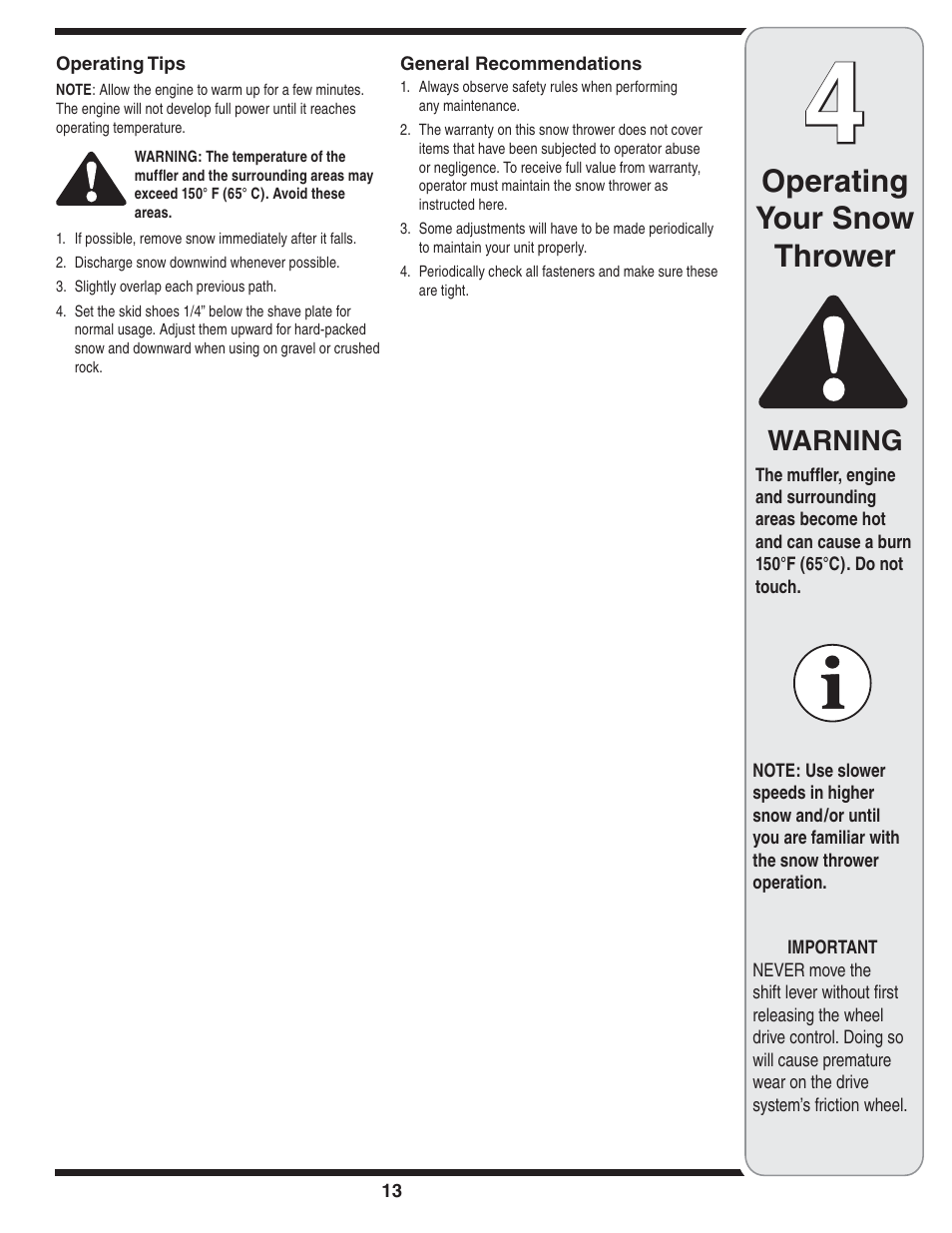 Operating your snow thrower, Warning | Cub Cadet OEM-390-679 User Manual | Page 13 / 56