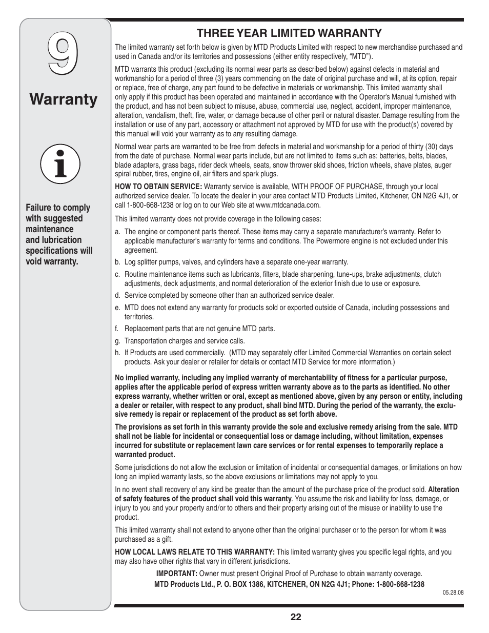 Warranty | Cub Cadet OEM-390-679 User Manual | Page 22 / 56