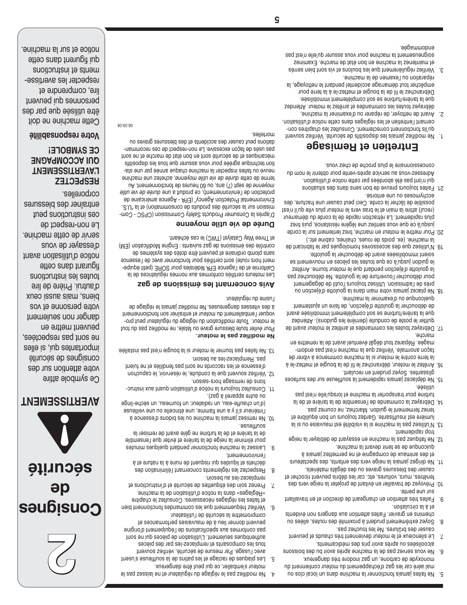 Consignes de sécurité, Aver tissement, Entretien et remisag e | Cub Cadet OEM-390-679 User Manual | Page 52 / 56