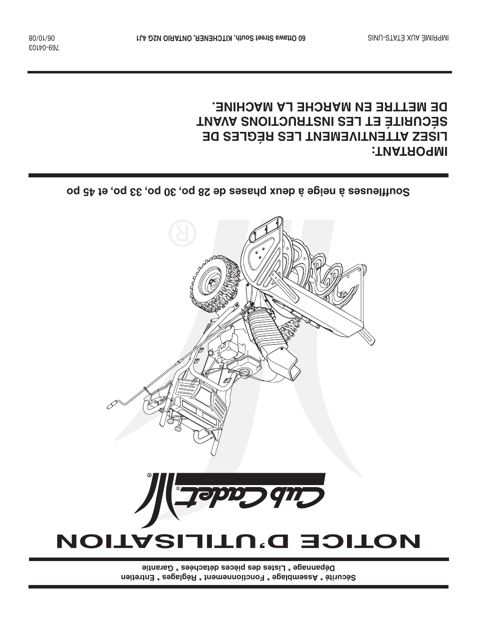 Notice d’utilisa tion | Cub Cadet OEM-390-679 User Manual | Page 56 / 56