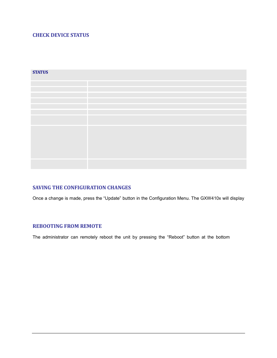 Check device status, Saving the configuration changes, Rebooting from remote | Grandstream GXW410x User Manual User Manual | Page 25 / 32