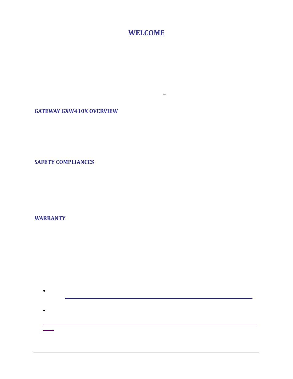 Welcome, Gateway gxw410x overview, Safety compliances | Warranty | Grandstream GXW410x User Manual User Manual | Page 5 / 32