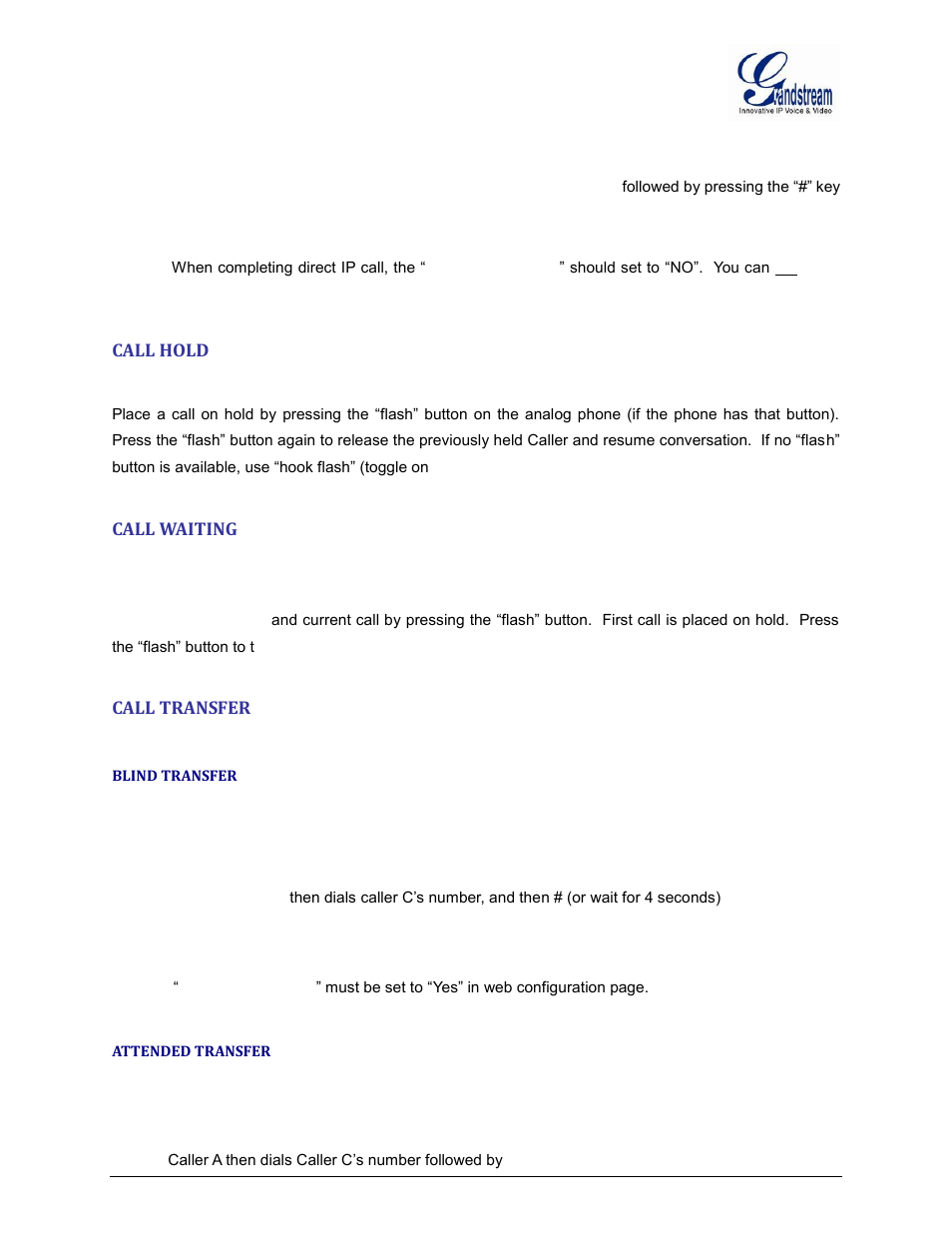 Call hold, Call waiting, Call transfer | Blind transfer, Attended transfer | Grandstream GXW400x User Manual User Manual | Page 22 / 62