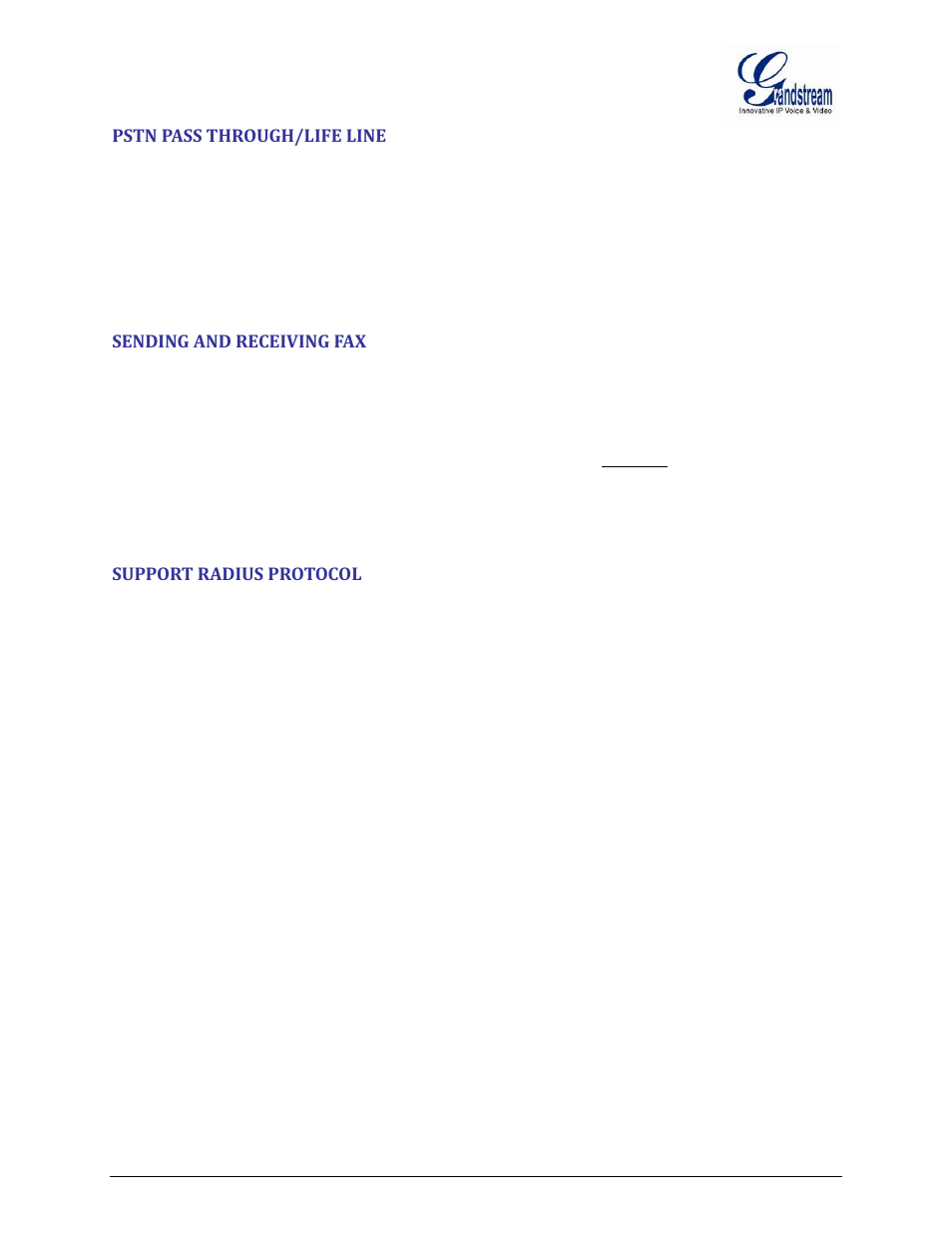 Pstn pass through/life line, Sending and receiving fax, Support radius protocol | Grandstream GXW400x User Manual User Manual | Page 26 / 62