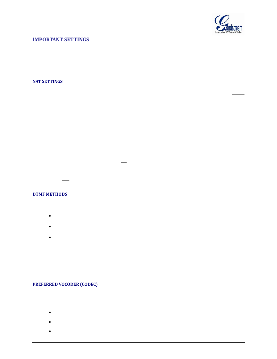 Important settings, Nat settings, Dtmf methods | Preferred vocoder (codec) | Grandstream GXW400x User Manual User Manual | Page 31 / 62