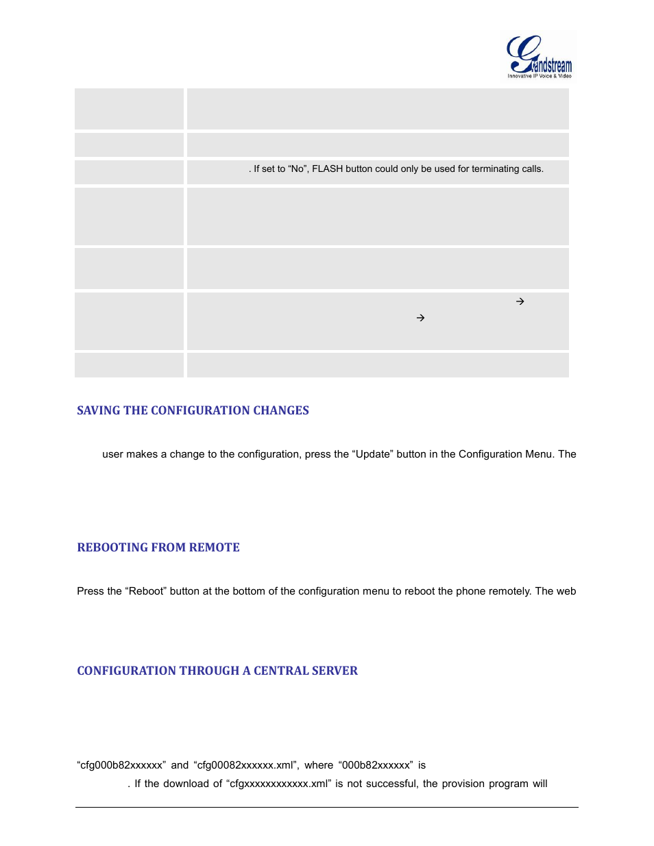 Saving the configuration changes, Rebooting from remote, Configuration through a central server | Enable hook flash | Grandstream GXW400x User Manual User Manual | Page 55 / 62