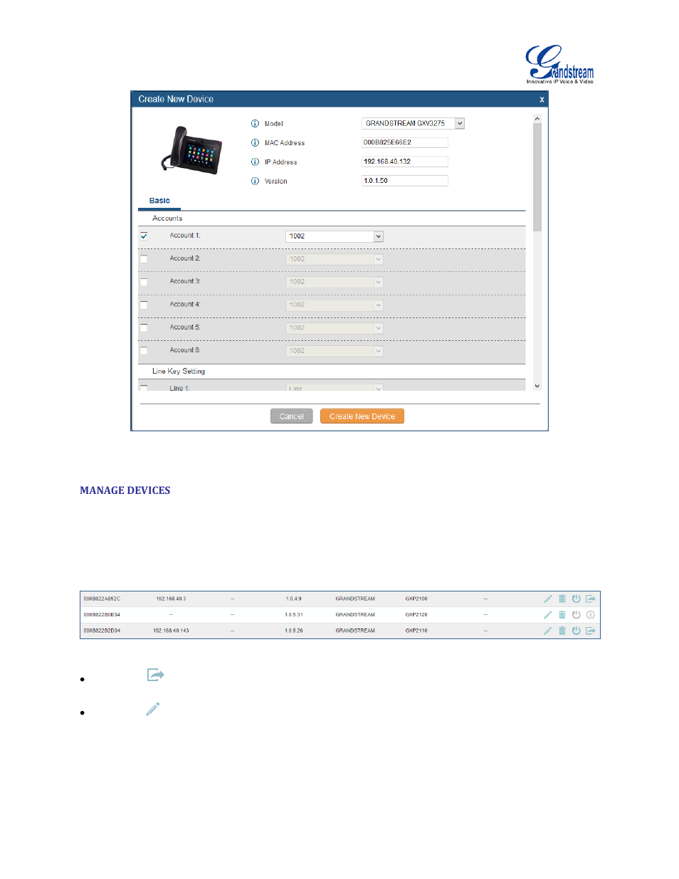 Manage devices, Figure 68: create new device, Figure 69: manage devices | Grandstream UCM6100 User Manual for 1.0.9.25 User Manual | Page 109 / 306