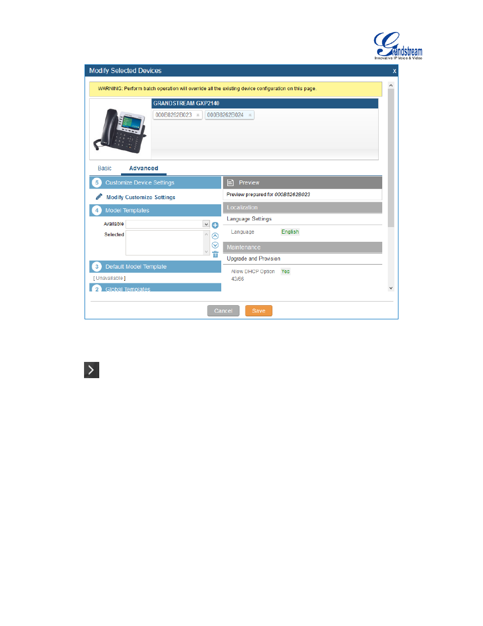 Figure 73: modify selected devices - same model | Grandstream UCM6100 User Manual for 1.0.9.25 User Manual | Page 113 / 306