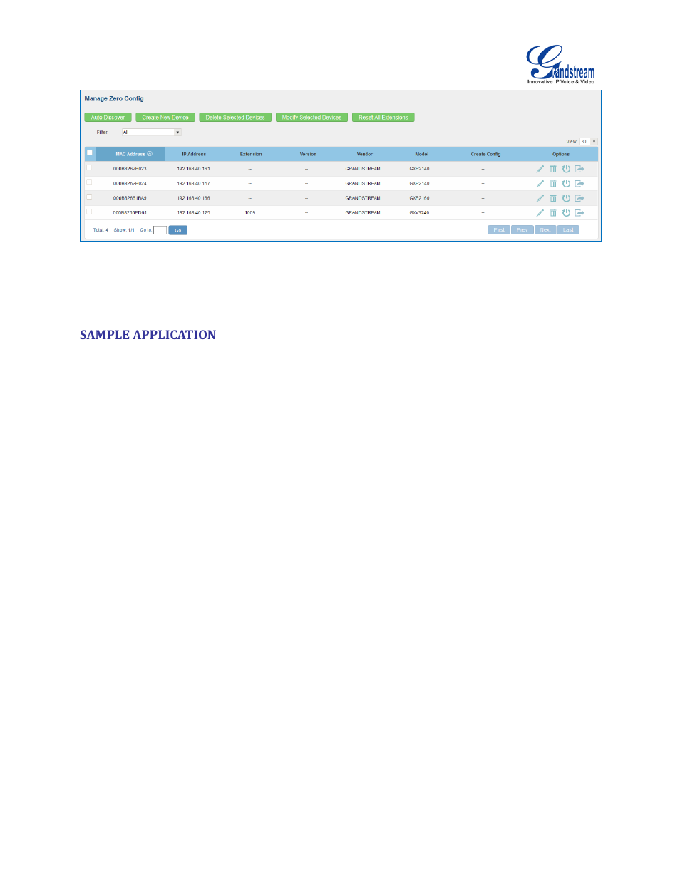 Sample application, Figure 75: device list in zero config | Grandstream UCM6100 User Manual for 1.0.9.25 User Manual | Page 115 / 306