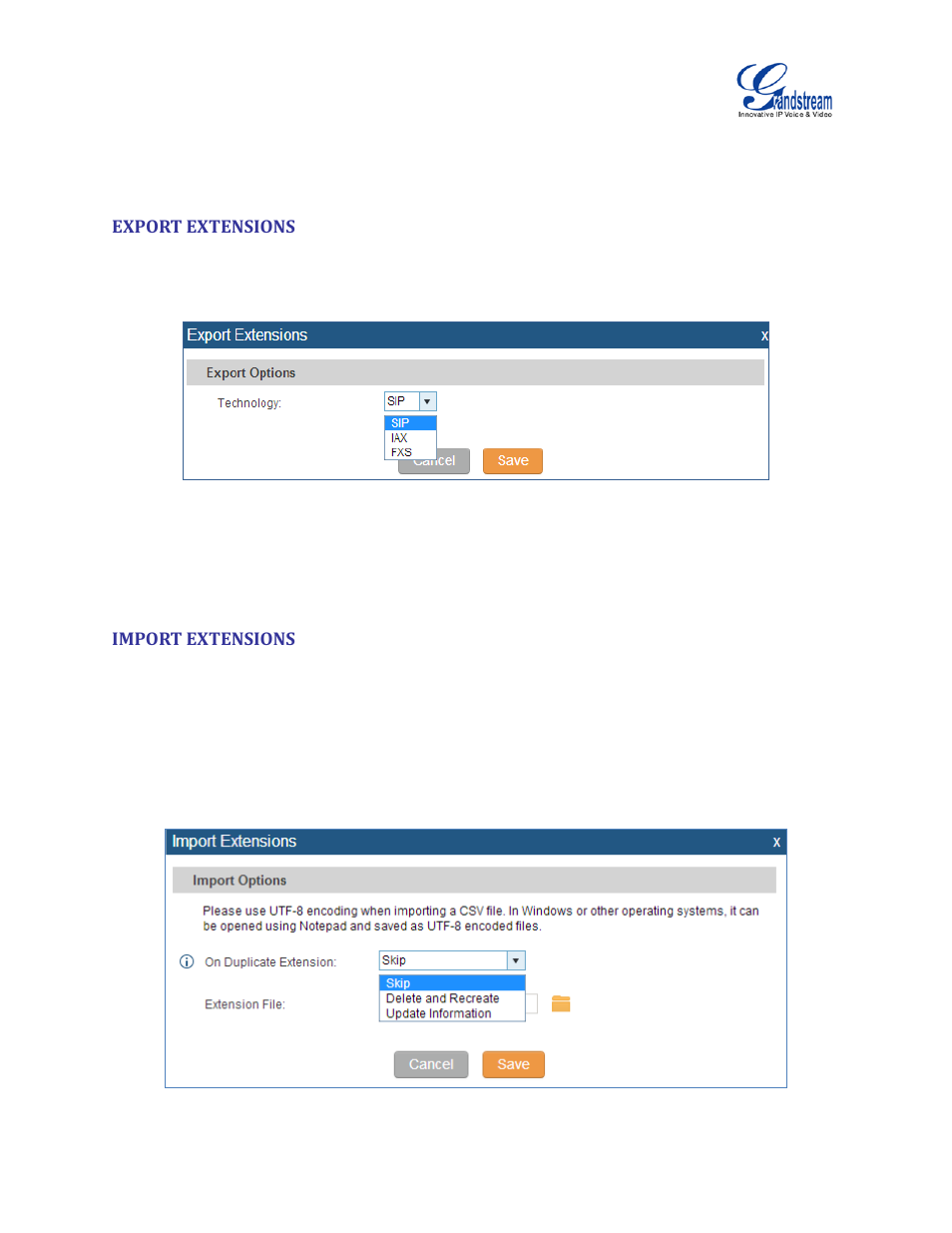 Export extensions, Import extensions, Figure 82: export extensions | Figure 83: import extensions, Export extensions] [import, Extensions | Grandstream UCM6100 User Manual for 1.0.9.25 User Manual | Page 142 / 306
