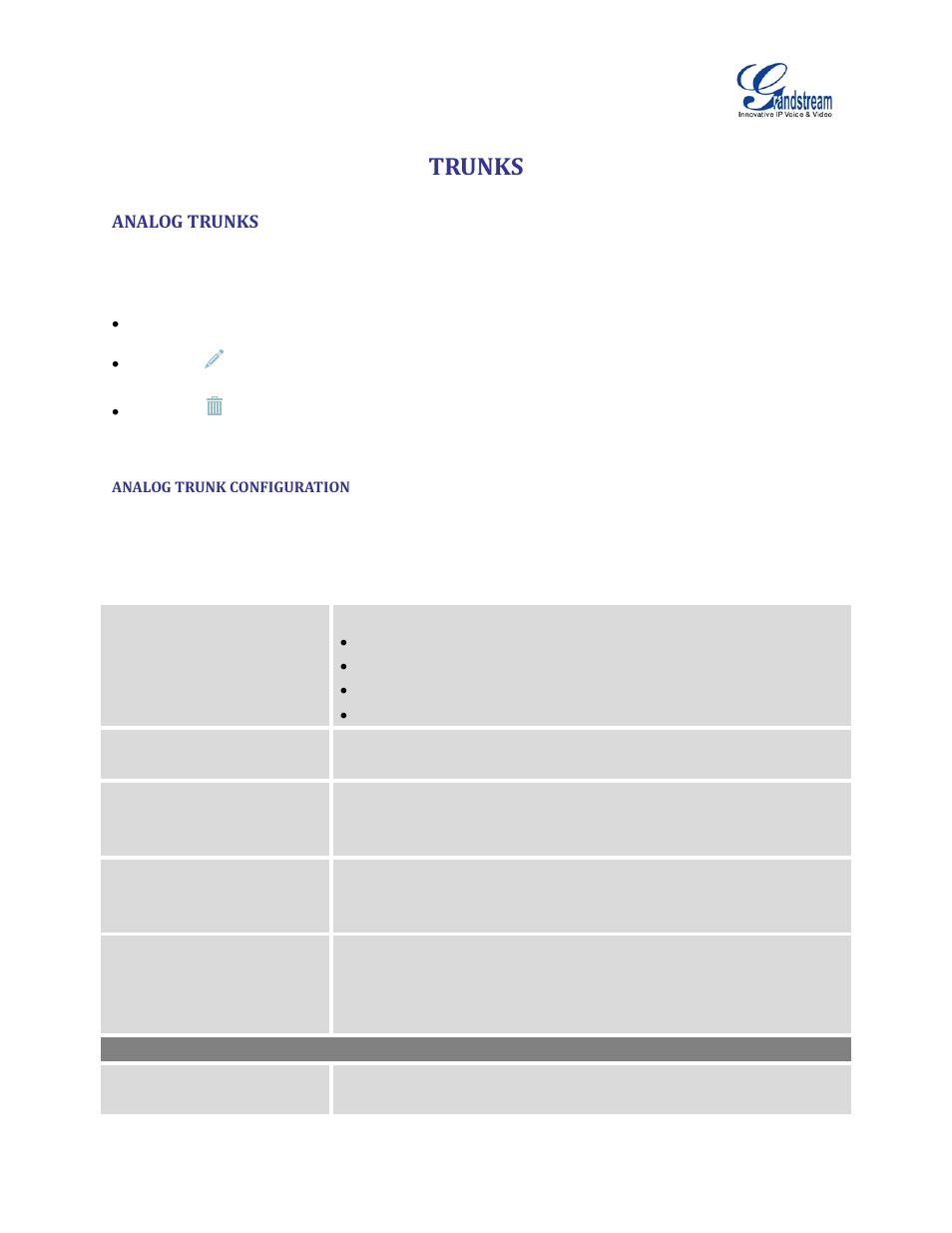 Trunks, Analog trunks, Analog trunk configuration | Table 48: analog trunk configuration parameters, Table 48: analog trunk, Configuration parameters | Grandstream UCM6100 User Manual for 1.0.9.25 User Manual | Page 146 / 306